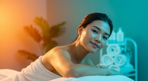Peaceful wellness spa room for colon hydrotherapy treatment with a healthy, glowing woman symbolizing body cleanse and detox at Amazing Body.